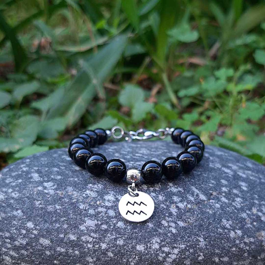 ONICE NERA SEGNI ZODIACALI - Bracciale regolabile in acciaio inossidabile e pietre naturali da 8 mm - Zen Home