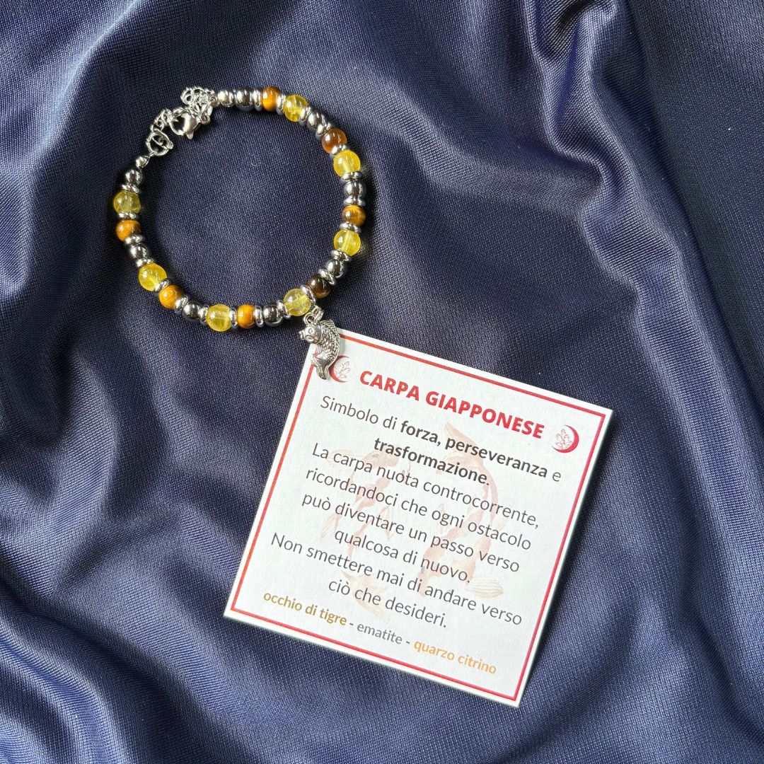 Bracciale Carpa Giapponese con Quarzo Citrino, Ematite e Occhio di Tigre