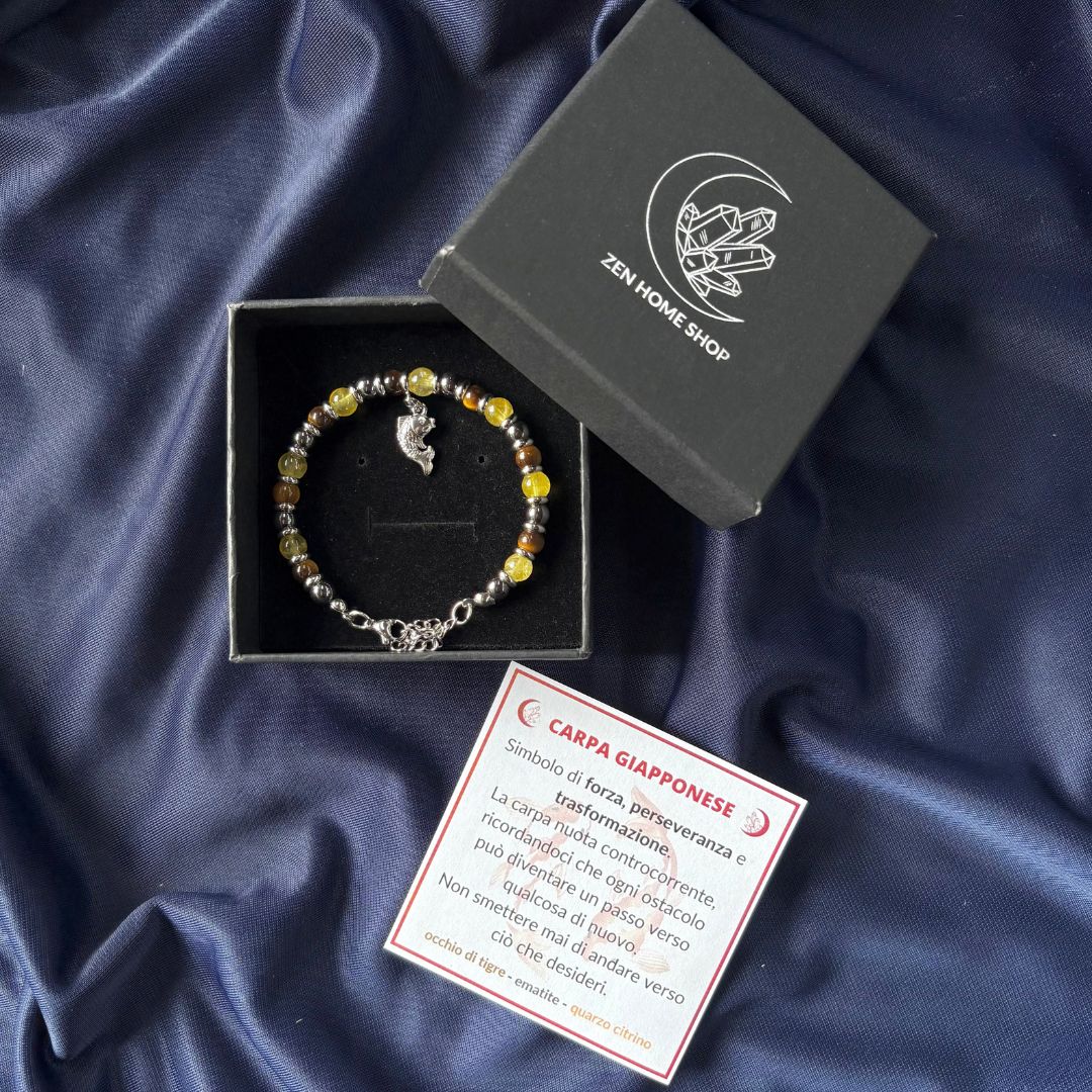Bracciale Carpa Giapponese con Quarzo Citrino, Ematite e Occhio di Tigre