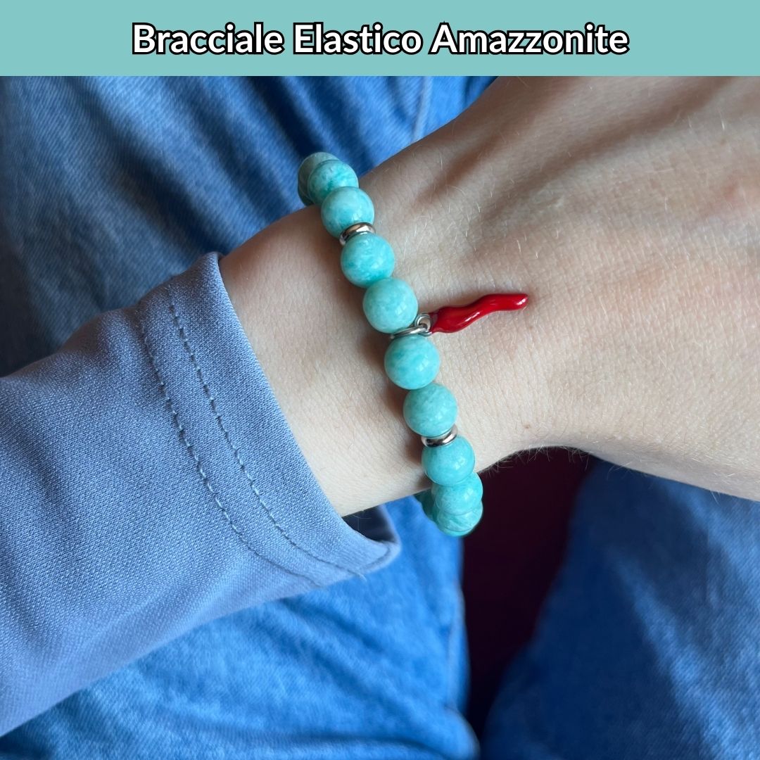 Bracciale elastico Diaspro Imperiale Azzurro e Cornetto portafortuna