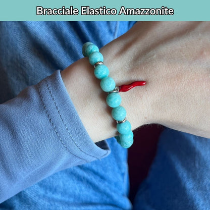 Bracciale elastico Diaspro Imperiale Azzurro e Cornetto portafortuna