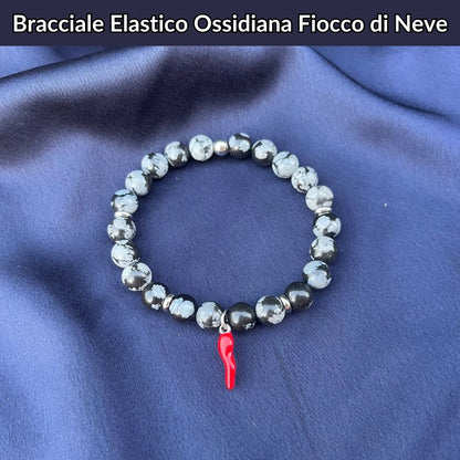 Bracciale elastico con pietra naturale Ossidiana Fiocco di Neve