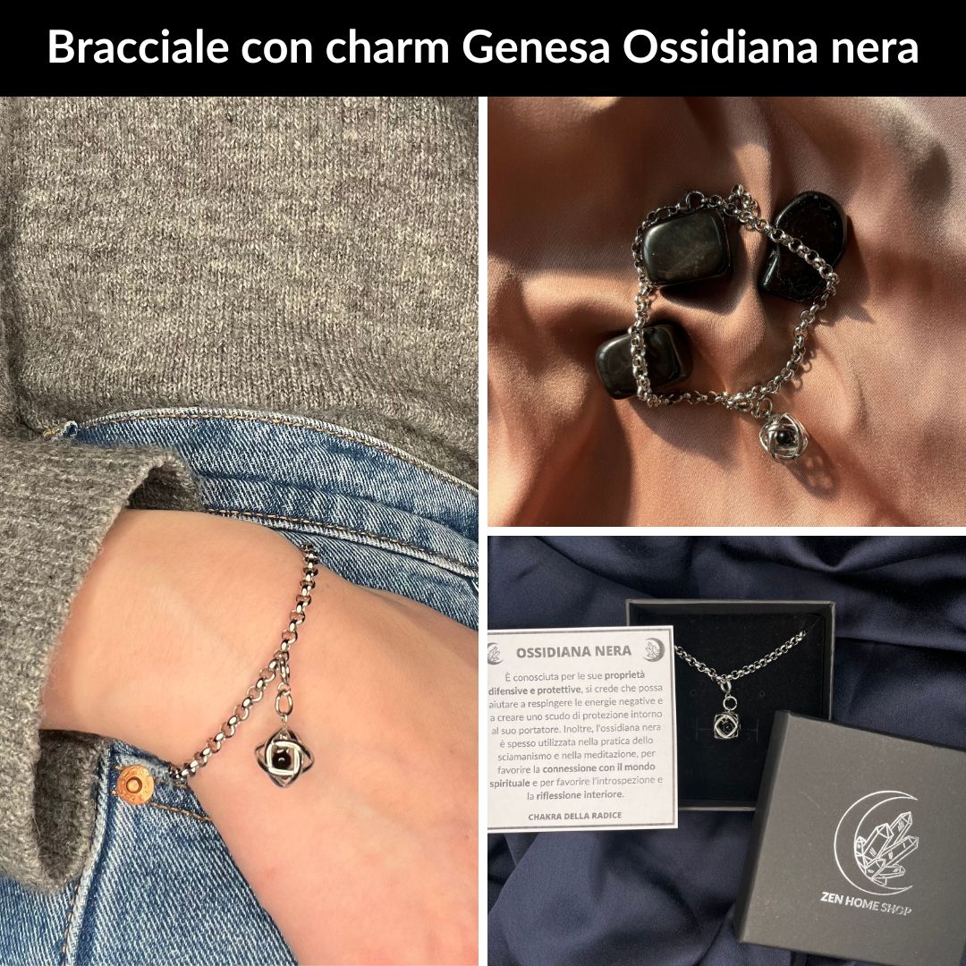 Bracciale acciaio inossidabile Charm Genesa Ossidiana Nera