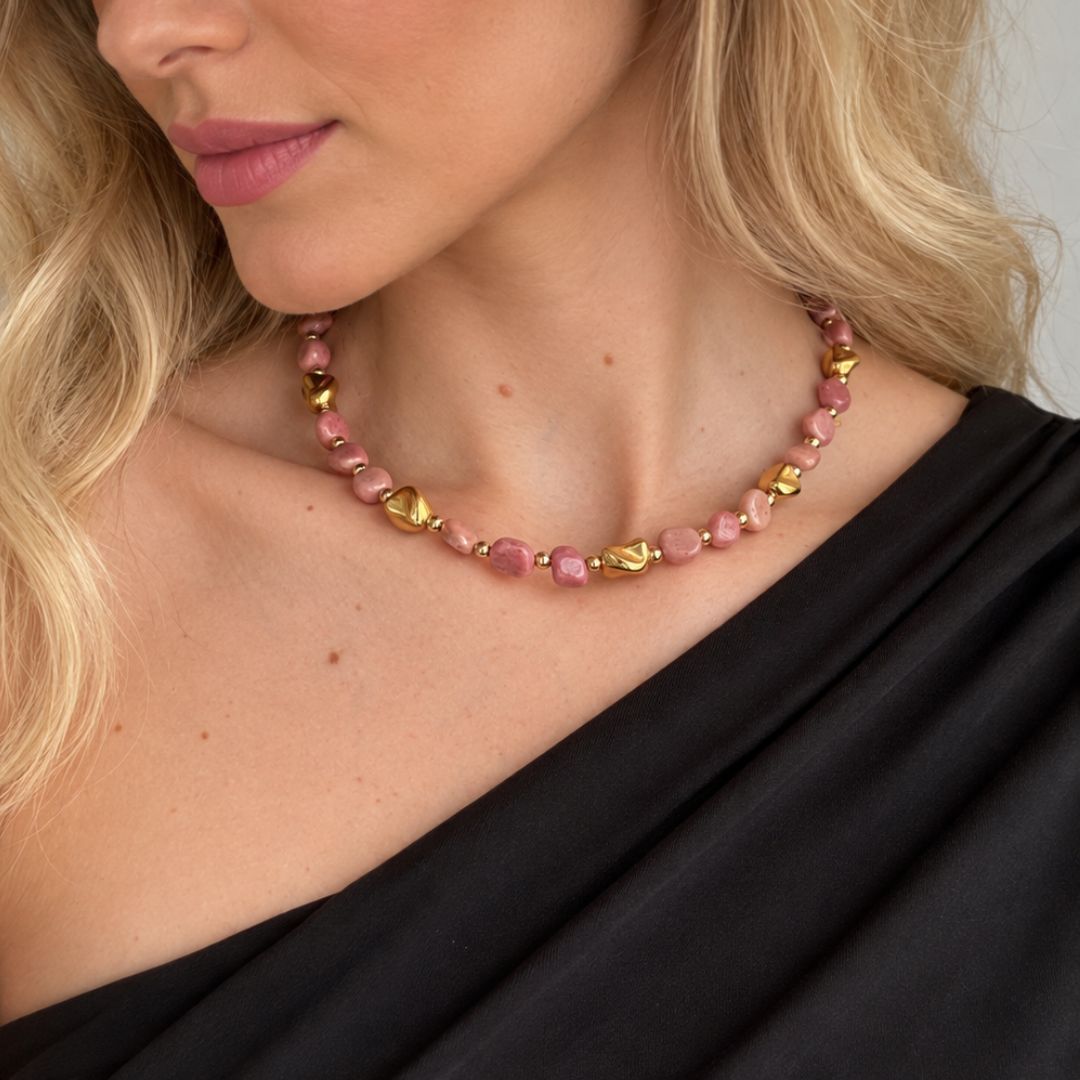 Collana Luce Oro Pietra Naturale Rodonite