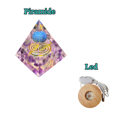 Piramide Orgonite Ametista + Lapislazzuli + Choku Rei oro (Led Incluso)