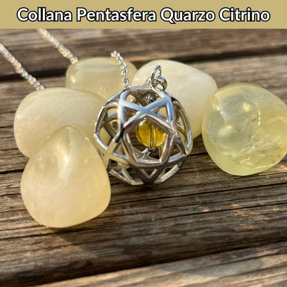 Collana Regolabile Ciondolo Pentasfera in acciaio inossidabile con pietra naturale Quarzo Citrino