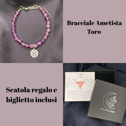 Ametista Segni Zodiacali - Bracciale regolabile in acciaio inossidabile e pietre naturali da 6mm - Zen Home