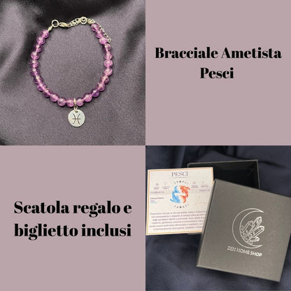 Ametista Segni Zodiacali - Bracciale regolabile in acciaio inossidabile e pietre naturali da 6mm - Zen Home