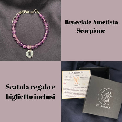 Ametista Segni Zodiacali - Bracciale regolabile in acciaio inossidabile e pietre naturali da 6mm - Zen Home