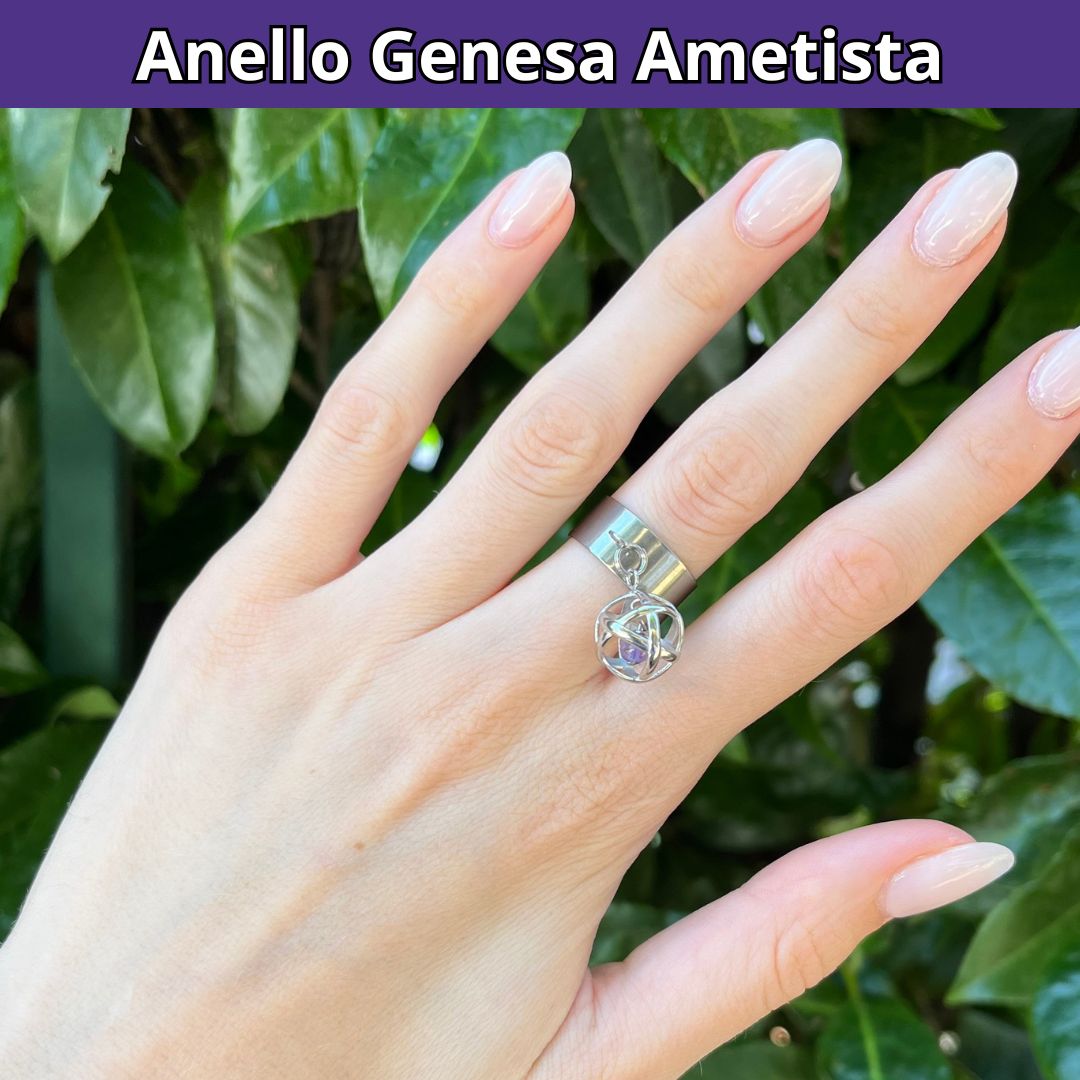 Anello Ciondolo Genesa in acciaio inossidabile con pietra naturale Ametista - Zen Home