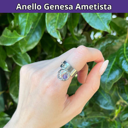 Anello Ciondolo Genesa in acciaio inossidabile con pietra naturale Ametista - Zen Home