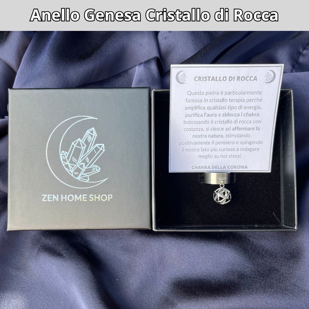 Anello Ciondolo Genesa in acciaio inossidabile con pietra naturale Cristallo di Rocca - Zen Home