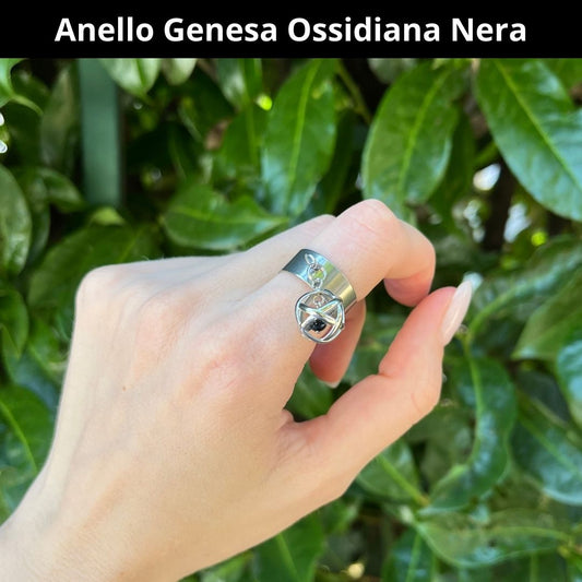 Anello Ciondolo Genesa in acciaio inossidabile con pietra naturale Ossidiana Nera - Zen Home