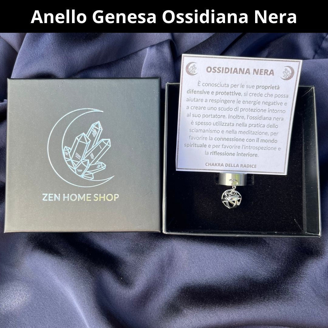 Anello Ciondolo Genesa in acciaio inossidabile con pietra naturale Ossidiana Nera - Zen Home