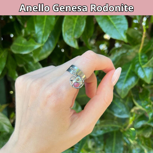Anello Ciondolo Genesa in acciaio inossidabile con pietra naturale Rodonite - Zen Home