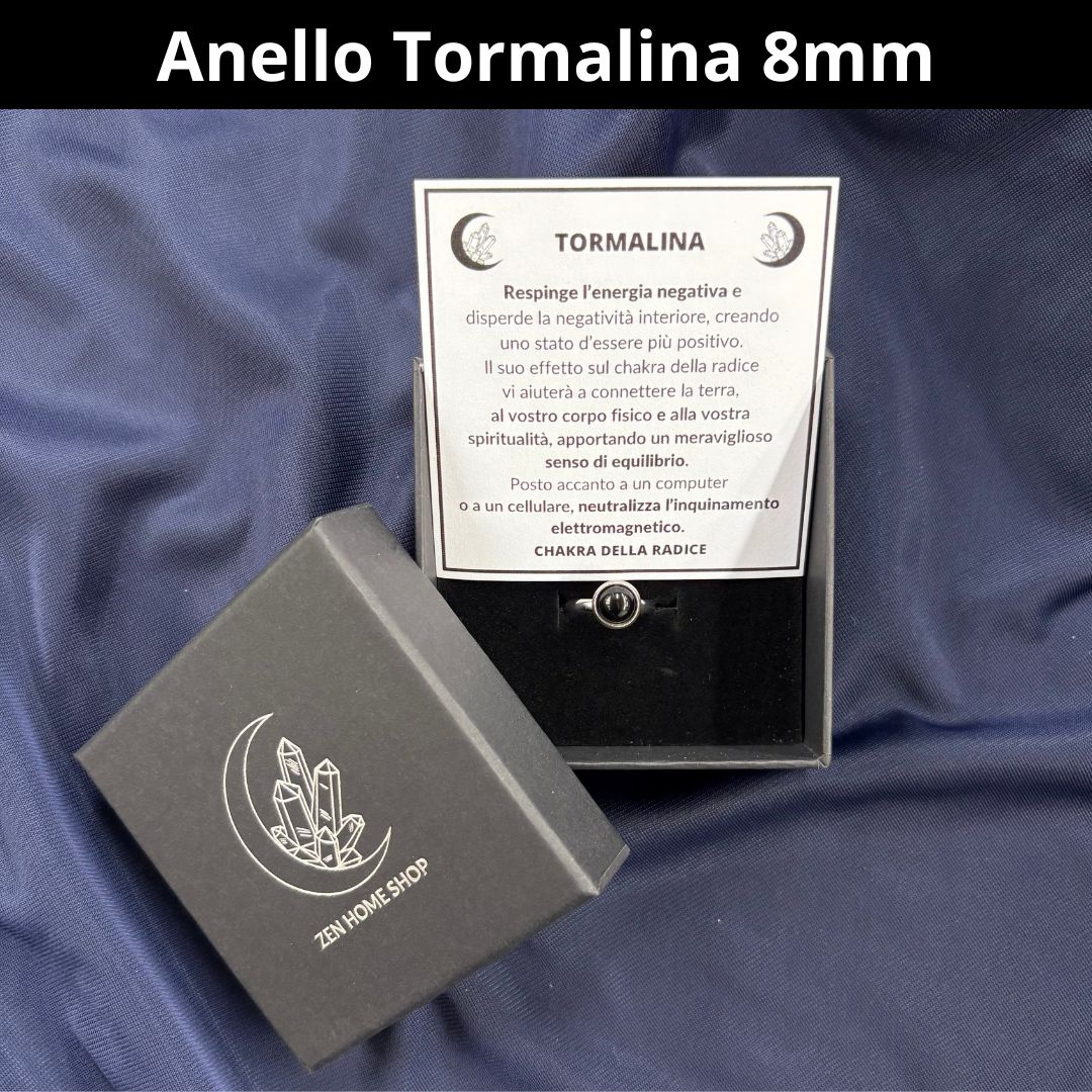 Anello regolabile in acciaio 8 mm TORMALINA NERA - Zen Home