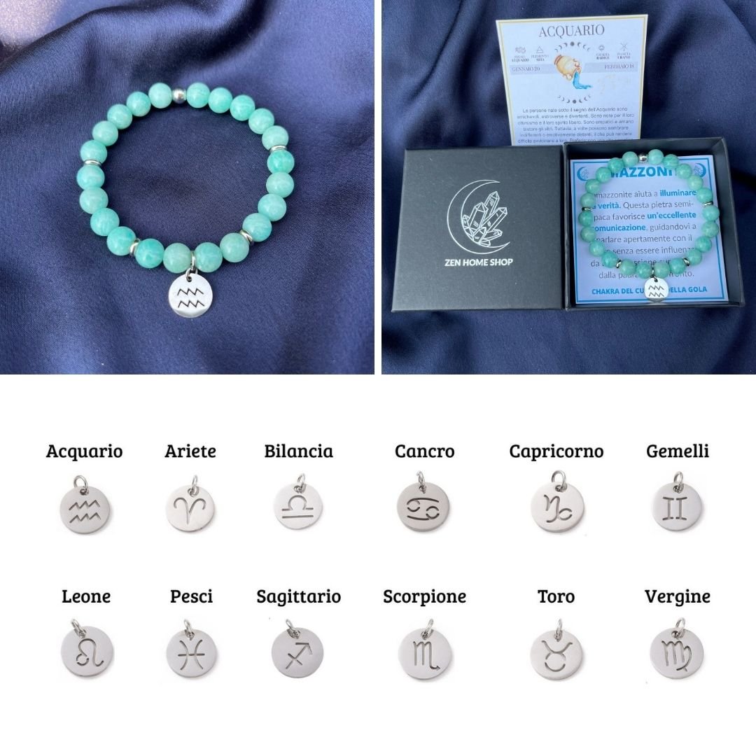 Bracciale elastico Amazzonite Azzurra e Segno Zodiacale - Zen Home