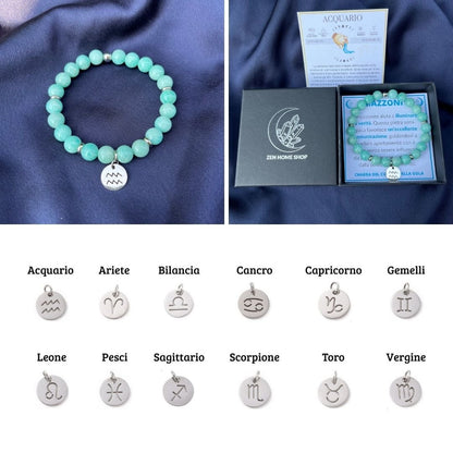 Bracciale elastico Amazzonite Azzurra e Segno Zodiacale - Zen Home