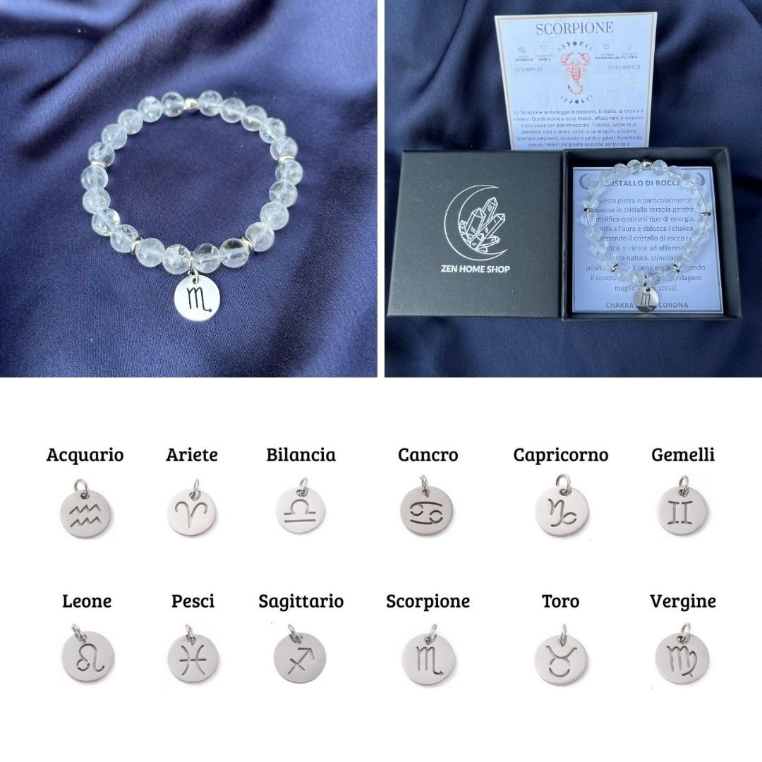 Bracciale elastico Cristallo di Rocca e Segno Zodiacale - Zen Home