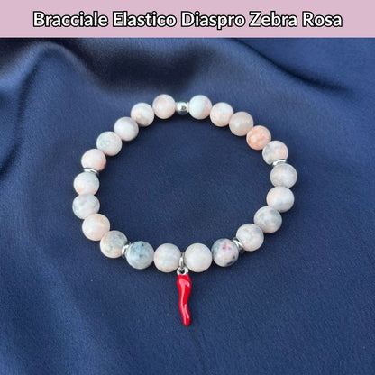 Bracciale elastico Diaspro Zebra Rosa e Cornetto portafortuna - Zen Home