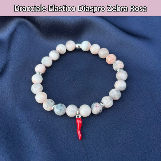 Bracciale elastico Diaspro Zebra Rosa e Cornetto portafortuna - Zen Home
