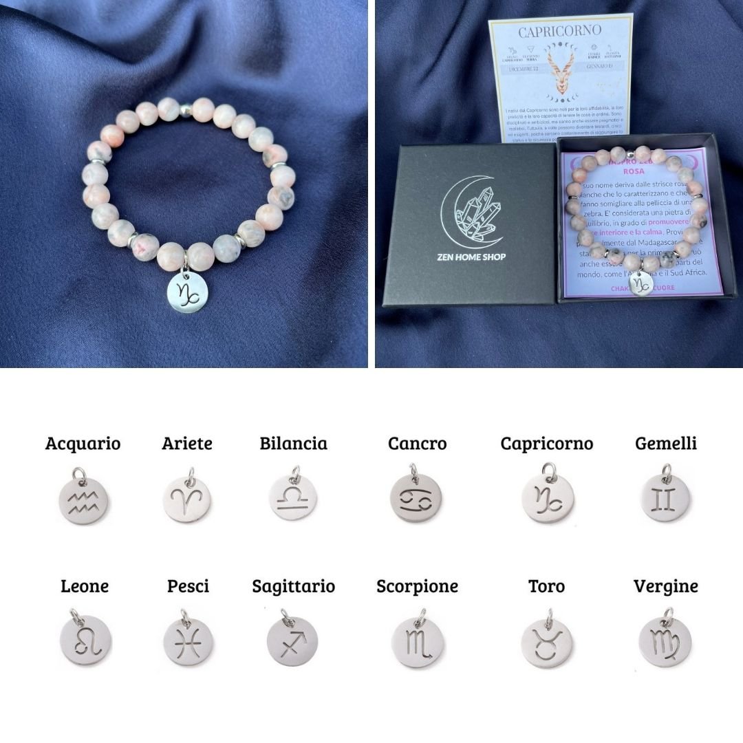 Bracciale elastico Diaspro Zebra Rosa e Segno Zodiacale - Zen Home