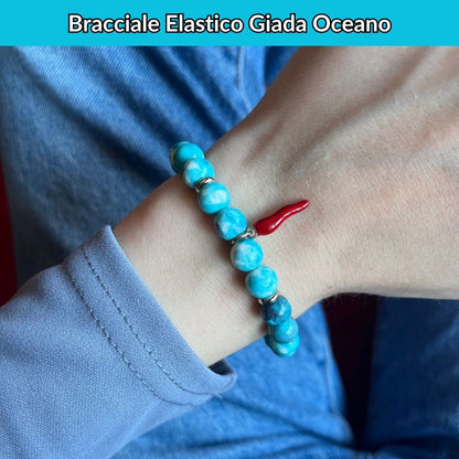 Bracciale elastico Giada Oceano e Cornetto portafortuna - Zen Home