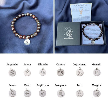 Bracciale elastico Granato e Segno Zodiacale - Zen Home