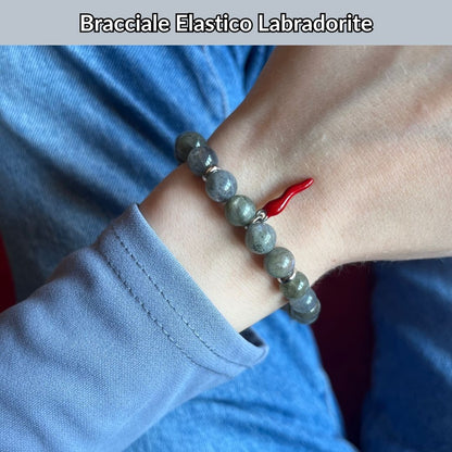 Bracciale elastico Labradorite e Cornetto portafortuna - Zen Home