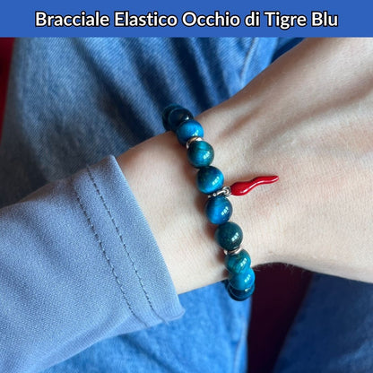 Bracciale elastico Occhio di Tigre Blu e Cornetto portafortuna - Zen Home