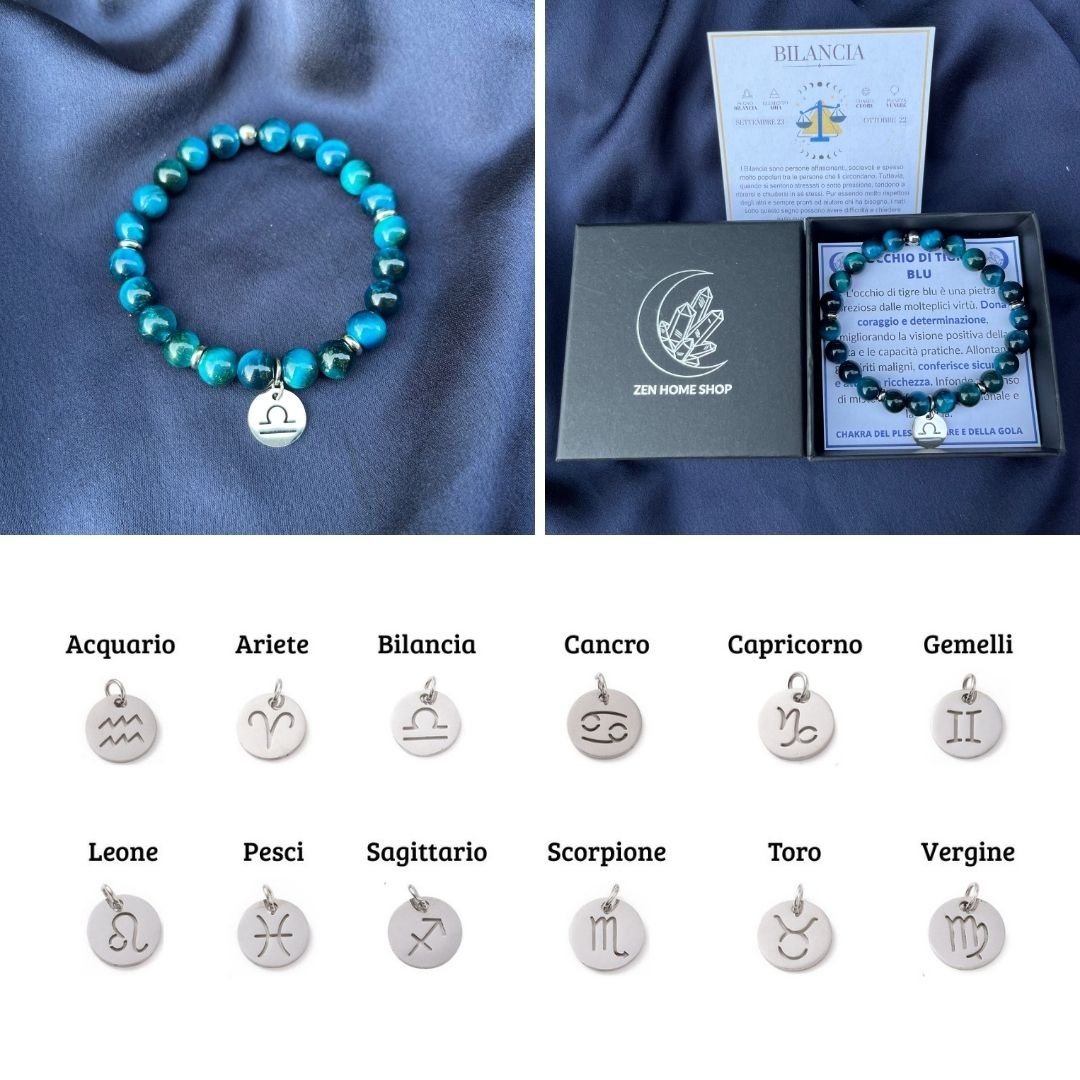 Bracciale elastico Occhio di Tigre Blu e Segno Zodiacale - Zen Home
