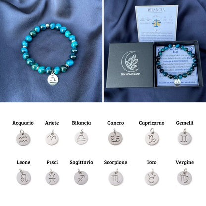 Bracciale elastico Occhio di Tigre Blu e Segno Zodiacale - Zen Home