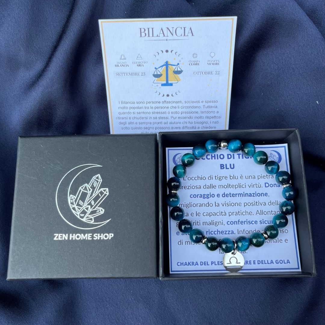 Bracciale elastico Occhio di Tigre Blu e Segno Zodiacale - Zen Home