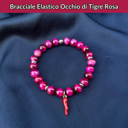 Bracciale elastico Occhio di Tigre Rosa e Cornetto portafortuna - Zen Home