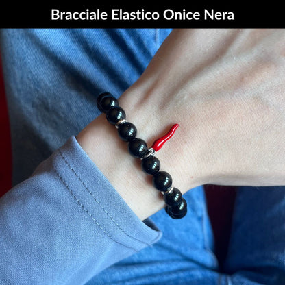 Bracciale elastico Onice Nera e Cornetto portafortuna - Zen Home