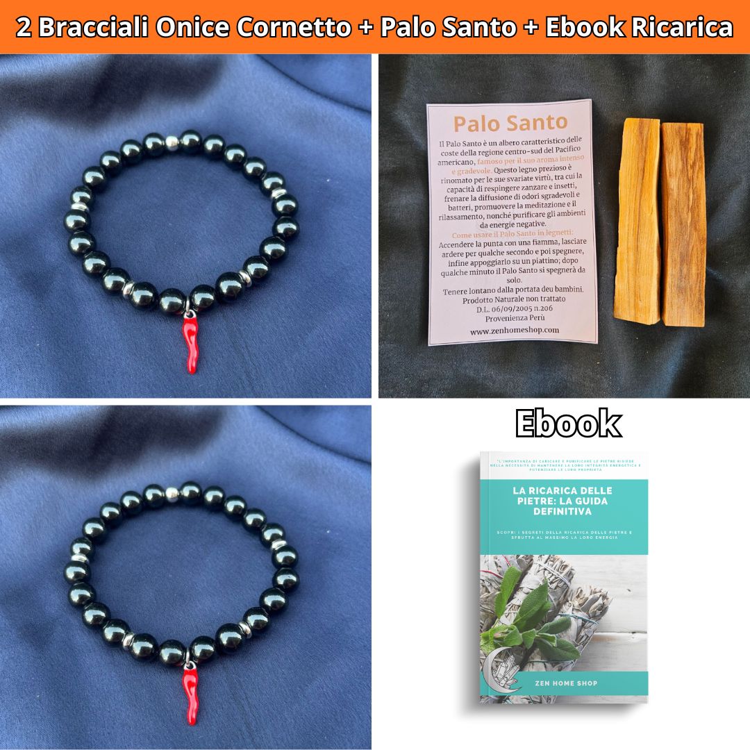 Bracciale elastico Onice Nera e Cornetto portafortuna - Zen Home