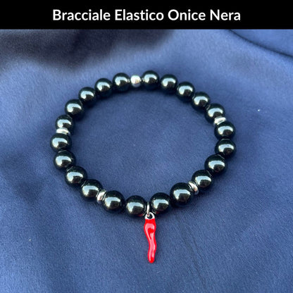Bracciale elastico Onice Nera e Cornetto portafortuna - Zen Home