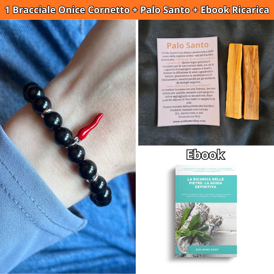 Bracciale elastico Onice Nera e Cornetto portafortuna - Zen Home