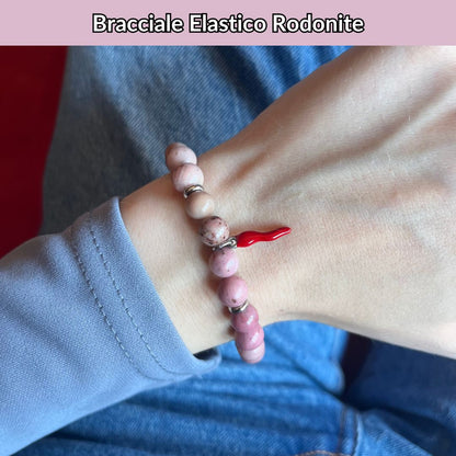 Bracciale elastico Rodonite e Cornetto portafortuna - Zen Home