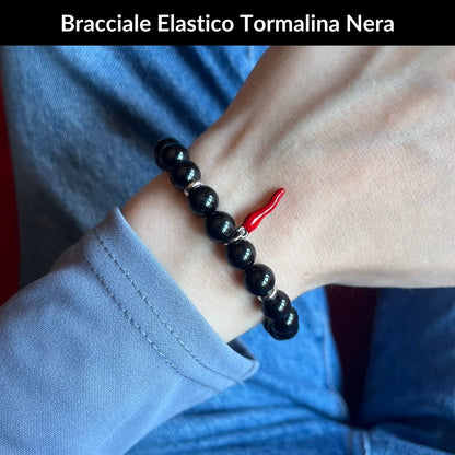 Bracciale elastico Tormalina Nera e Cornetto portafortuna - Zen Home