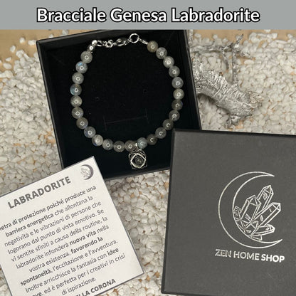 Bracciale Regolabile Ciondolo Genesa in acciaio inossidabile con pietra naturale Labradorite - Zen Home