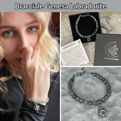 Bracciale Regolabile Ciondolo Genesa in acciaio inossidabile con pietra naturale Labradorite - Zen Home