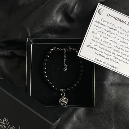 Bracciale Regolabile Ciondolo Genesa in acciaio inossidabile con pietra naturale Ossidiana Nera - Zen Home