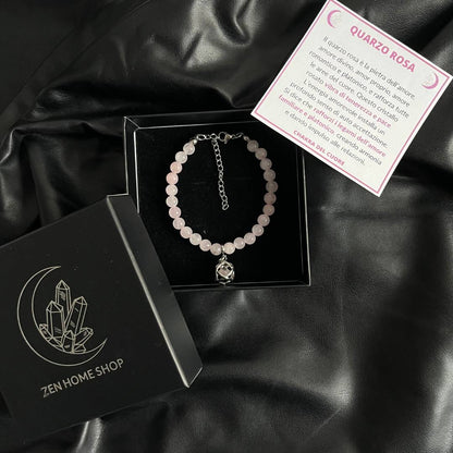 Bracciale Regolabile Ciondolo Genesa in acciaio inossidabile con pietra naturale Quarzo Rosa - Zen Home