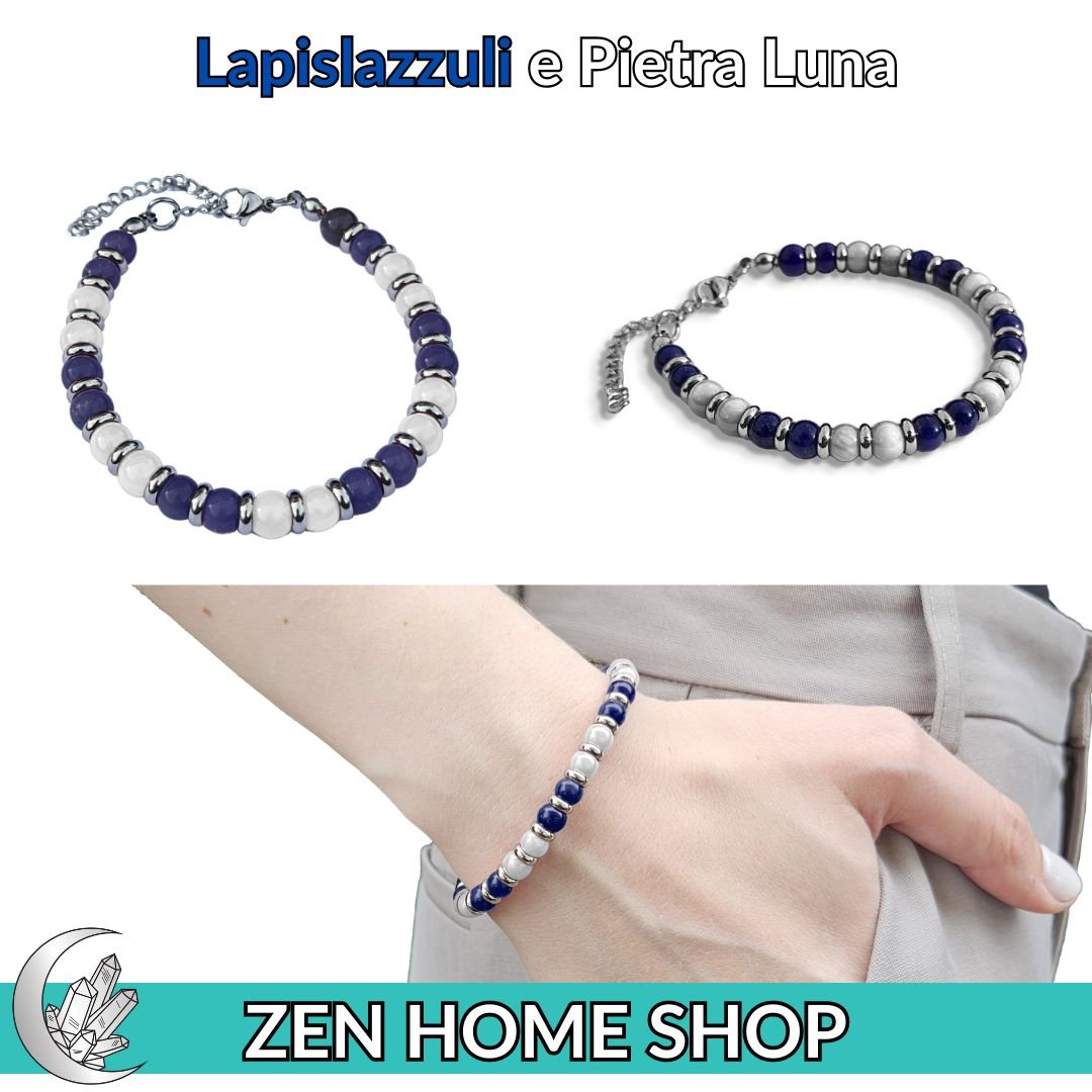 Bracciale Saturno con pietre naturali da 6 mm in Lapislazzuli e Pietra Luna - Zen Home