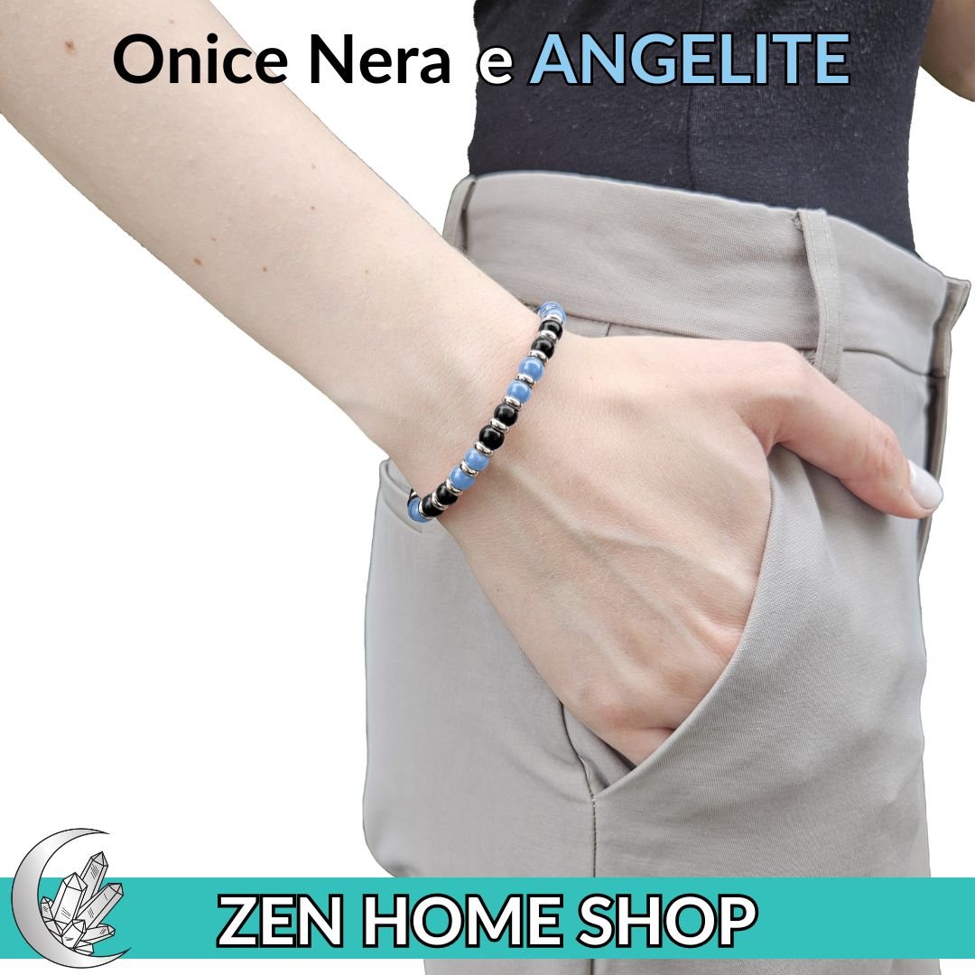 Bracciale Saturno con pietre naturali da 6 mm in Onice Nera e Angelite - Zen Home