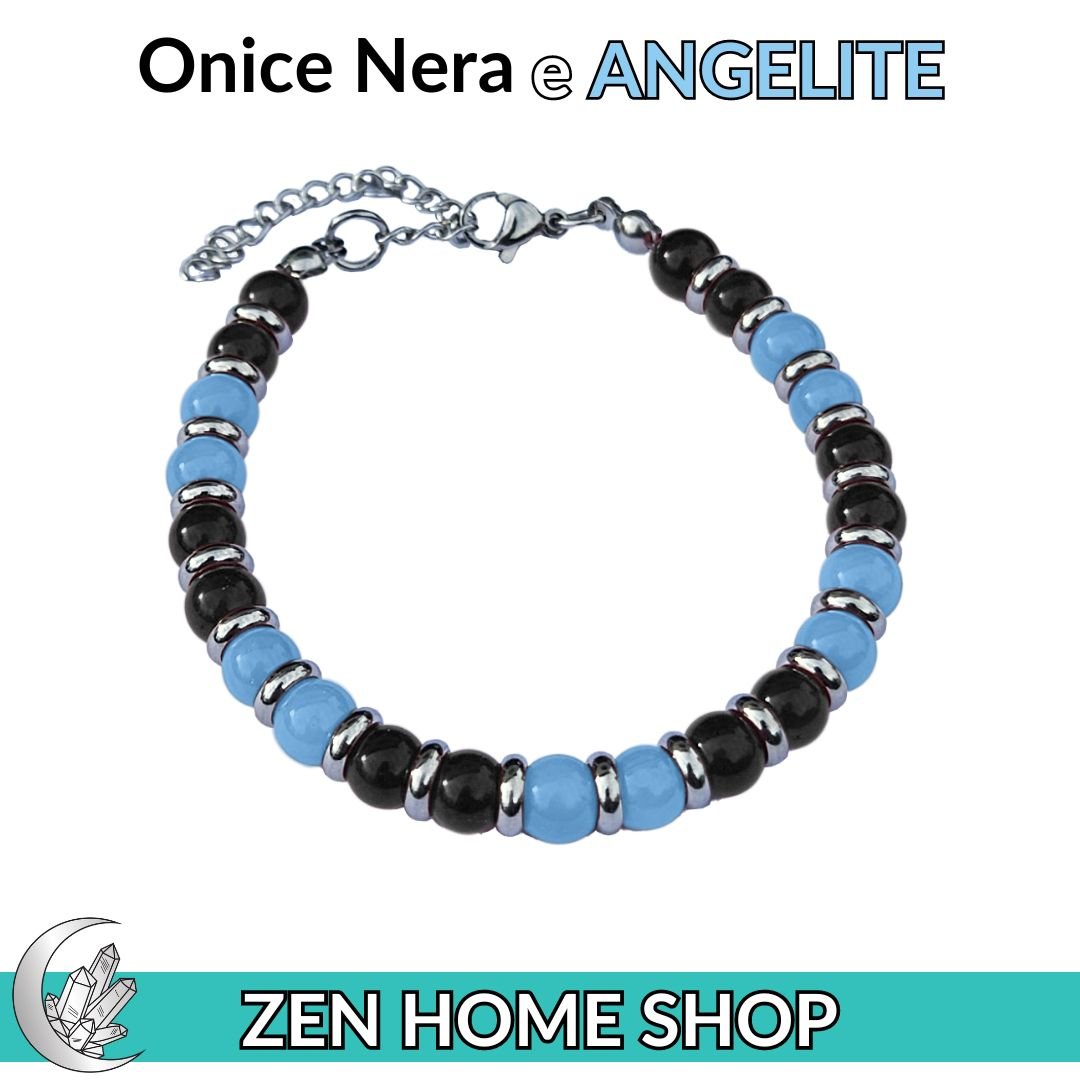 Bracciale Saturno con pietre naturali da 6 mm in Onice Nera e Angelite - Zen Home