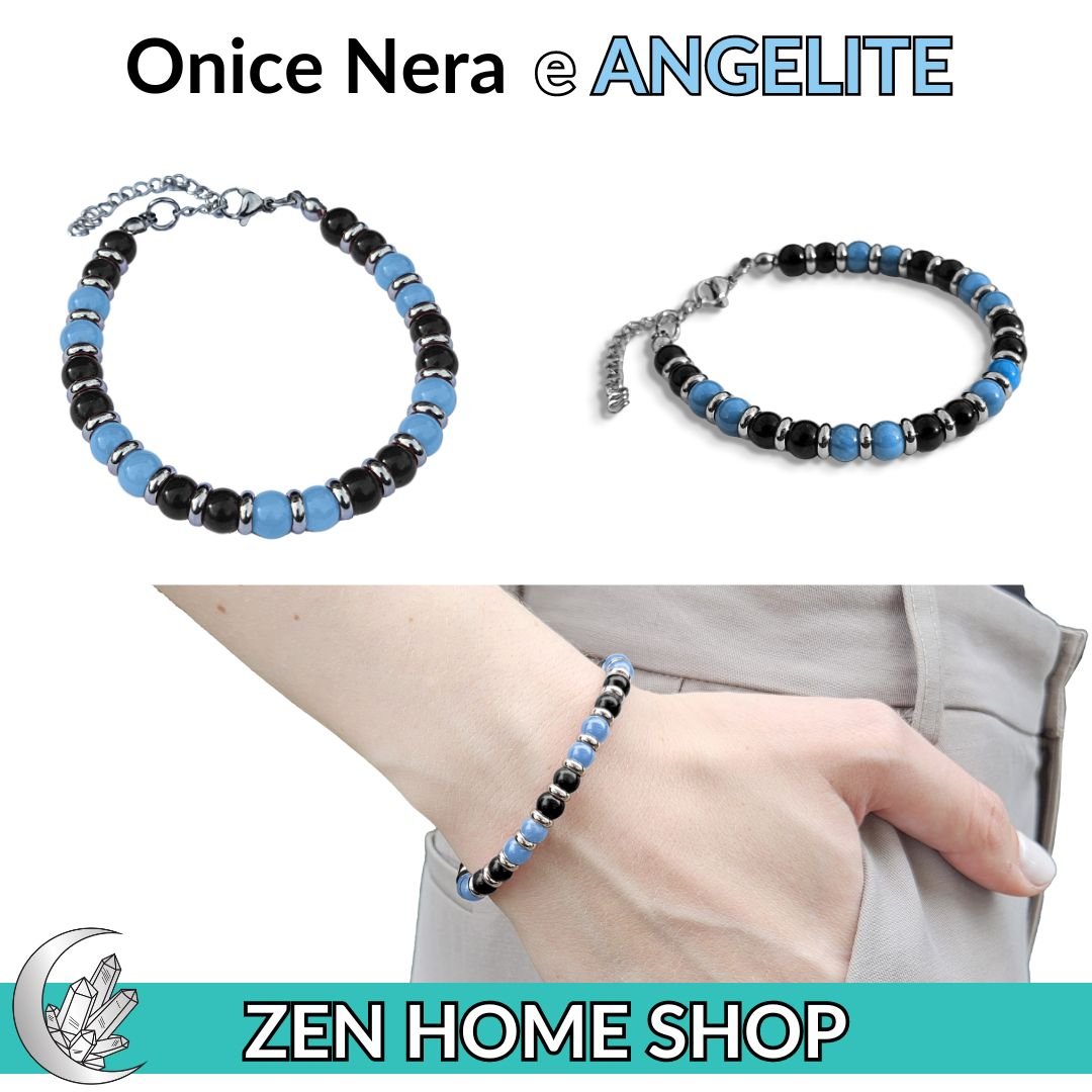 Bracciale Saturno con pietre naturali da 6 mm in Onice Nera e Angelite - Zen Home