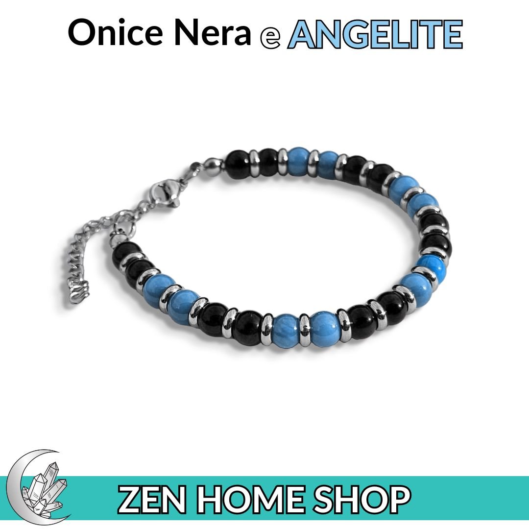 Bracciale Saturno con pietre naturali da 6 mm in Onice Nera e Angelite - Zen Home