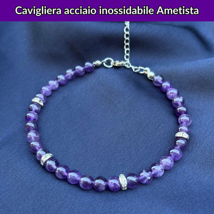 Cavigliera regolabile con Ametista ed inserti in acciaio inox - Zen Home